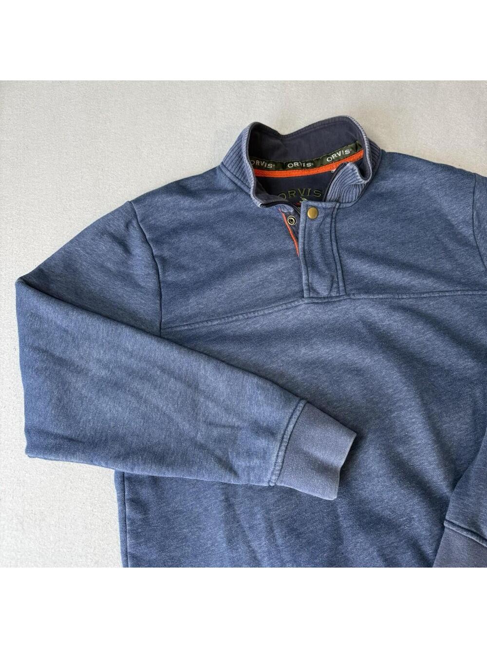 Orvis Blue Quarter Zip Pullover Sweatshirt‎ Men’s Medium Snap Collar Read